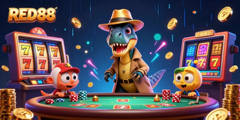 Experience high-stakes action with RED88 in this lively 3D casino scene featuring vibrant characters.
