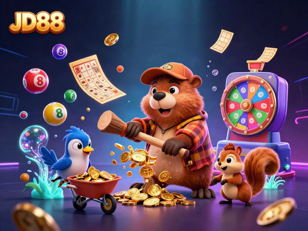 Gathering golden coins in a vibrant JD88-themed casino scene with animated characters.