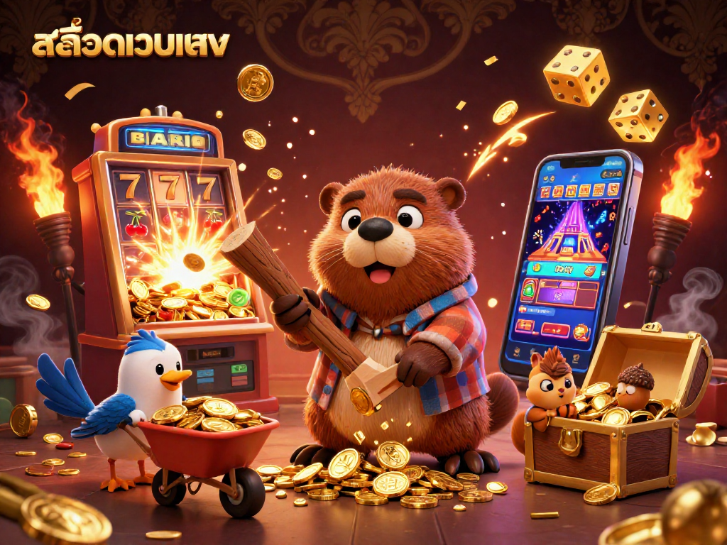 Engage with สล็อตเว็บตรง's exciting gameplay featuring a beaver in a casino scene with gold coins raining down.