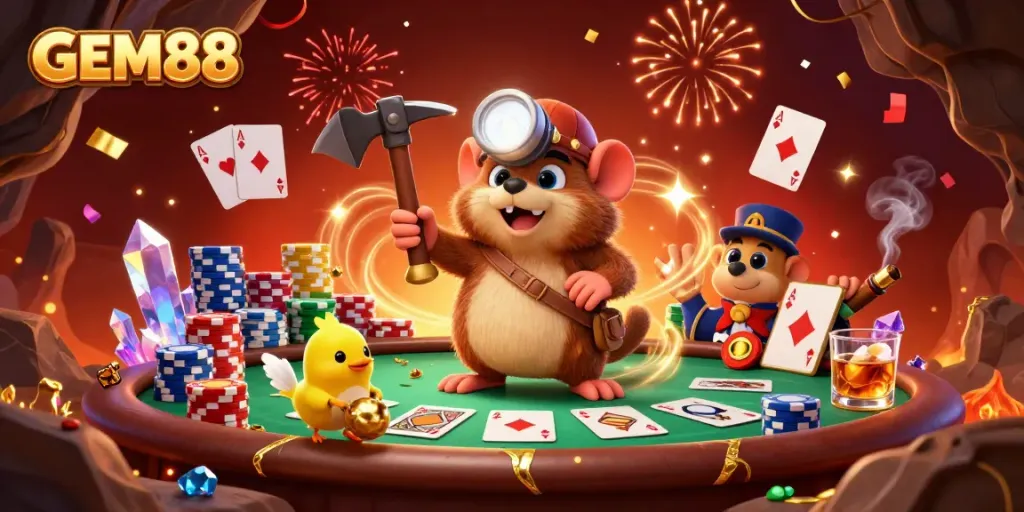 Experience the thrill of GEM88 with a 3D treasure hunter mole in a vibrant casino setting, showcasing poker excitement.
