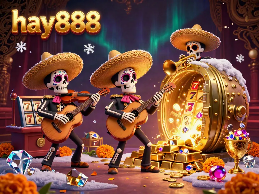 Engage in winnings with the vibrant hay888 casino, featuring a mariachi band amidst treasures and slot reels.