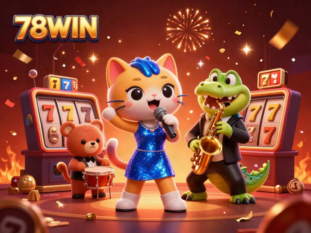 Experience the excitement at 78WIN with dynamic slots and vibrant characters in a lively casino scene.