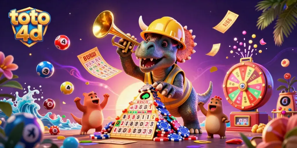 Witness the excitement of toto 4d with vibrant 3D lottery elements and cheerful characters celebrating wins.