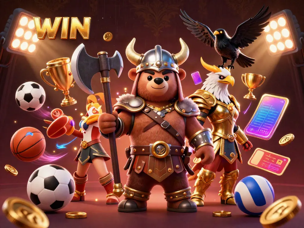 IWIN presents an engaging 3D scene depicting a Viking bear, Valkyrie eagle, and Odin's ravens amid dynamic sports elements.