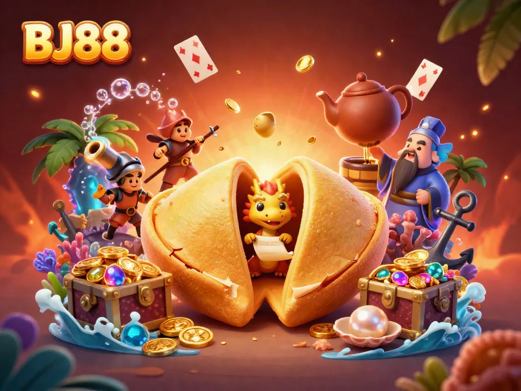 BJ88 promotes thrilling online gaming with a vibrant scene of fortune and casino elements.