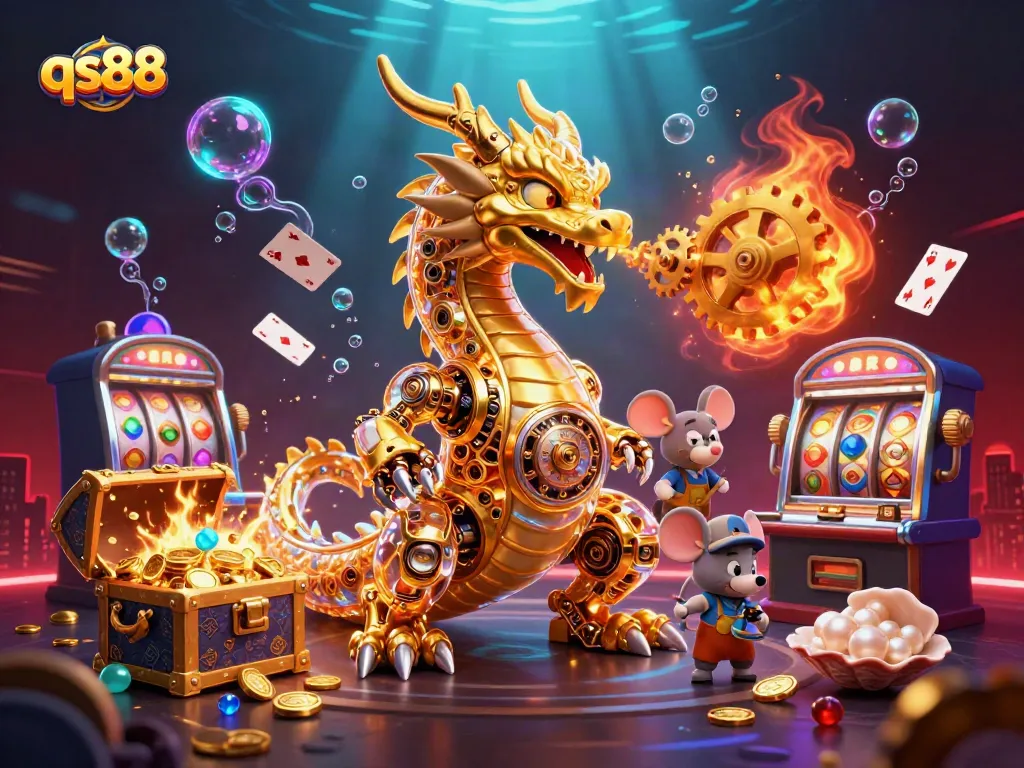 qs88 showcases a golden dragon amidst vibrant casino elements, embodying thrilling gaming action.