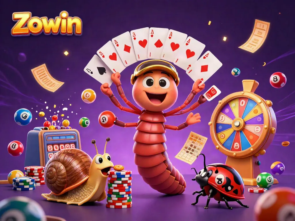 Experience Zowin's winning moments with colorful lottery elements and vibrant characters in an exciting casino scene.