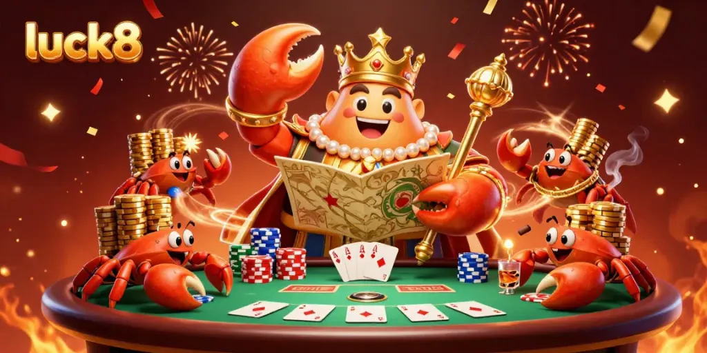 Attend the ultimate celebration at luck8 with a golden crab emperor amidst vibrant poker elements.