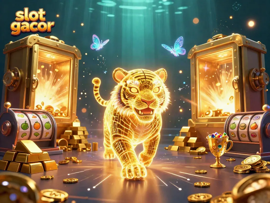 Experience the thrill of slot gacor in a vibrant digital casino with dynamic tiger characters.