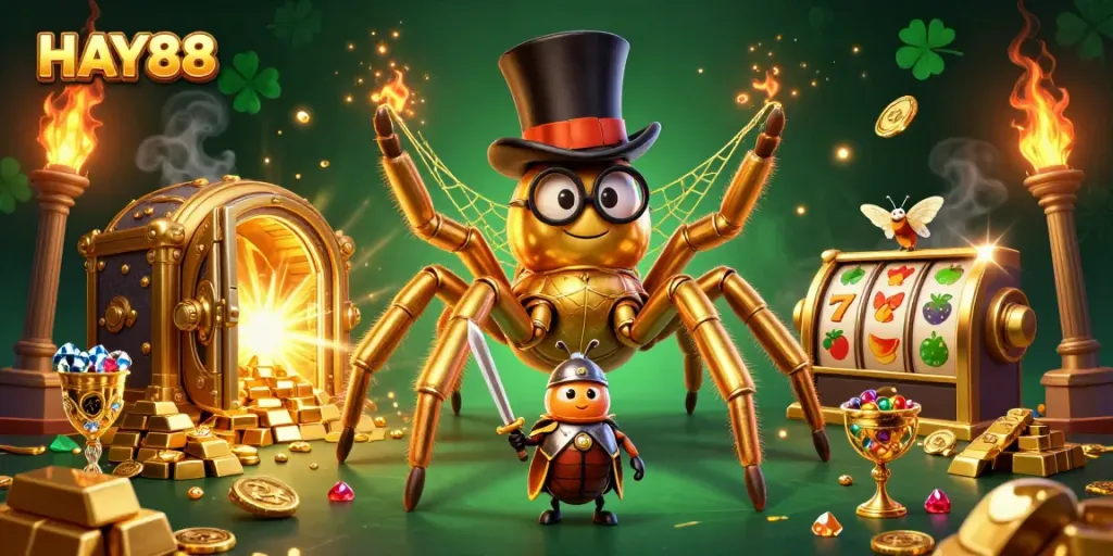 Experience HAY88 with a vibrant scene of gambling excitement featuring characters and treasures.