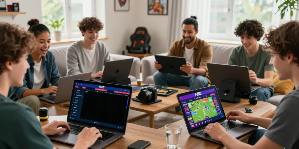 Players enjoying the FB88 online gaming experience in a vibrant living room setting.