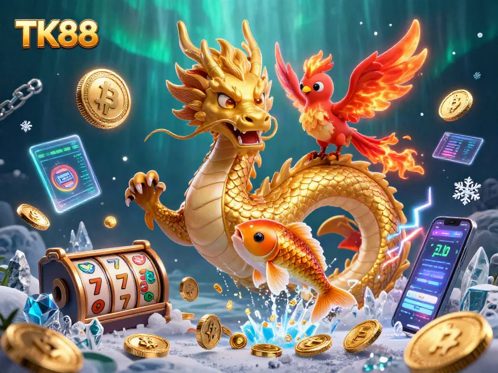 Spin the reels with TK88's vibrant casino scene featuring a golden dragon and fiery phoenix.