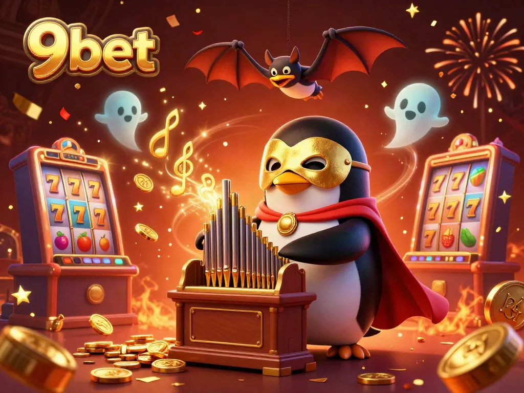 Win big with 9bet as a playful penguin generates golden coins in a vibrant casino atmosphere.