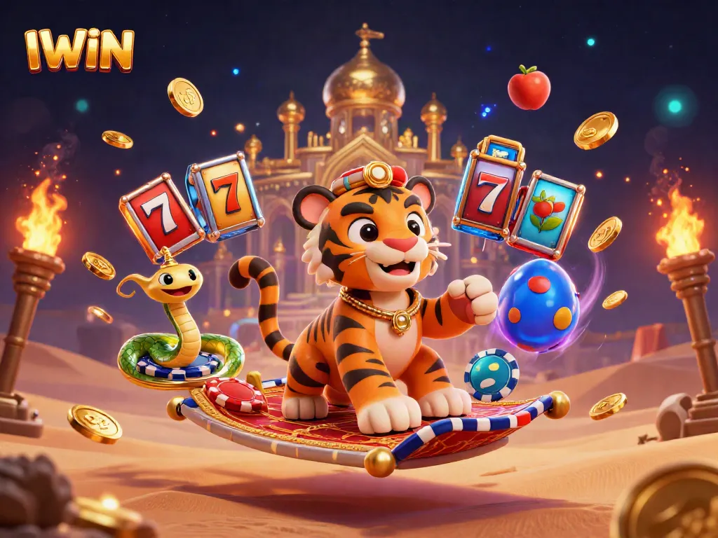 IWIN: Engage with a vibrant casino experience surrounded by jackpot symbols and an enchanting sultan