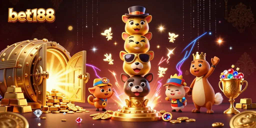 Experience the thrill of bet188 with a vibrant casino illustration showcasing a golden totem pole and dazzling gaming treasures.