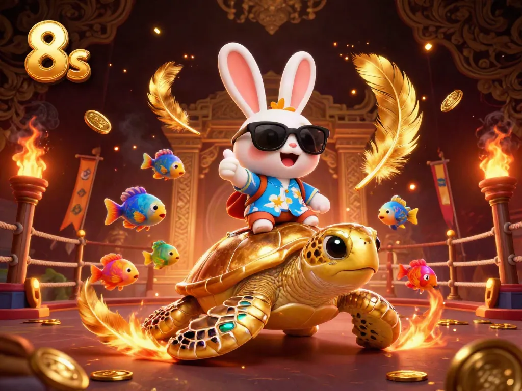 Experience the thrill of gambling with 8s in this vibrant 3D casino scene featuring lucky symbols and ocean elements.
