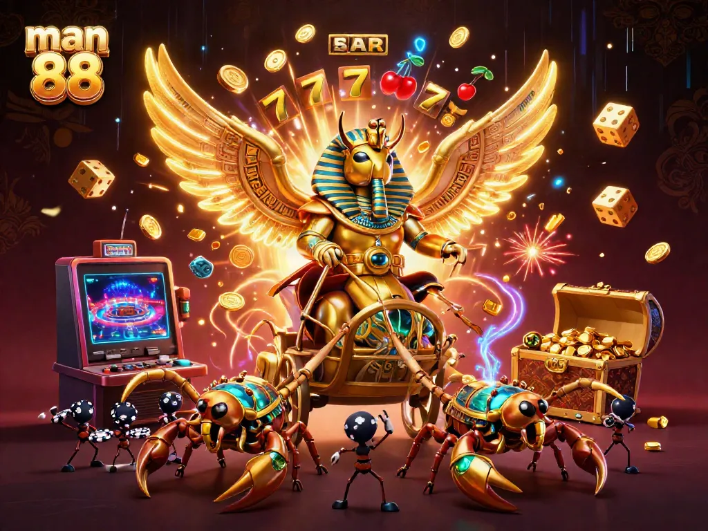 Experience the excitement of man 88 with a vibrant casino scene featuring a golden scarab beetle and jackpot symbols.