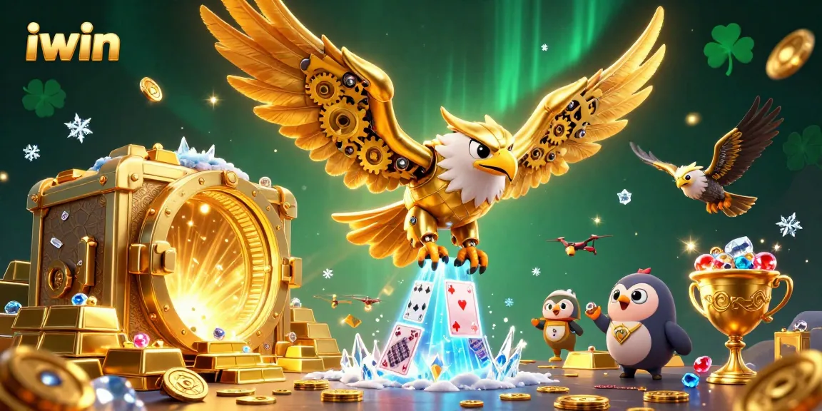Join the iwin adventure with a cybernetic eagle and dazzling casino treasures!