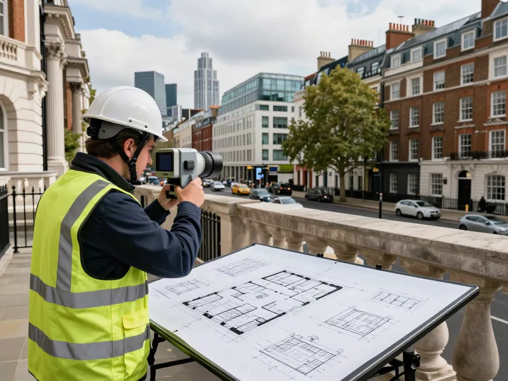 Measured Survey London scene with surveyor using laser scanner in urban setting, capturing property dimensions.