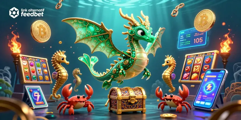 Engaging scene showcasing link alternatif feedbet with vibrant slot and dragon elements amid crypto coins.
