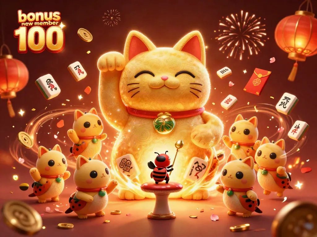 Engaging scene of a lucky cat symbolizing the bonus new member 100 promotion in a vibrant casino celebration.