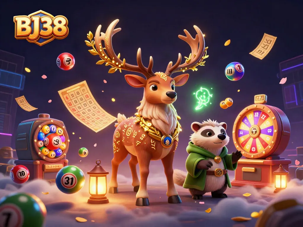 Engage in thrilling casino fun with BJ38, featuring vibrant lottery balls and magical characters!