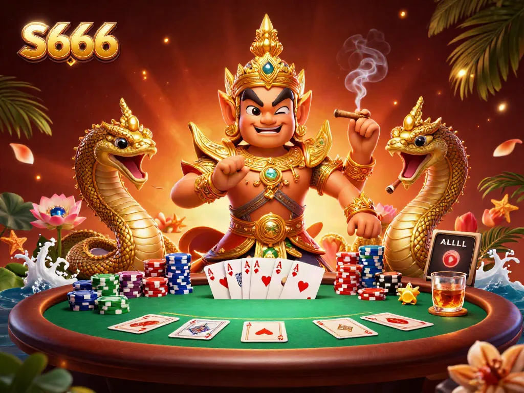 Engage with S666 in a vibrant 3D poker scene featuring a guardian and exotic elements.