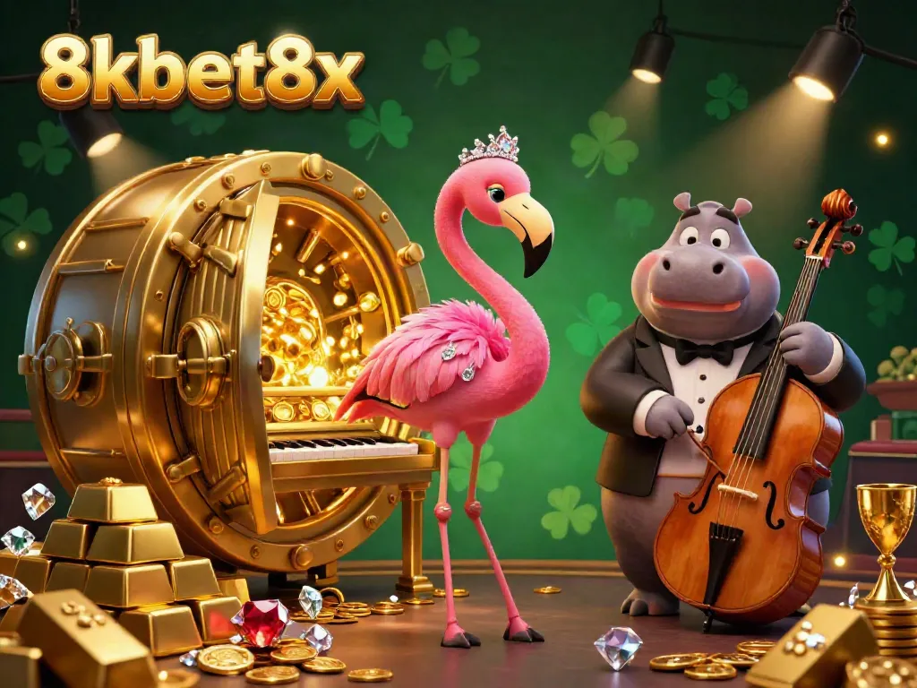 Experience the vibrant casino atmosphere of 8xbet8x with cartoon characters surrounded by treasures and music.