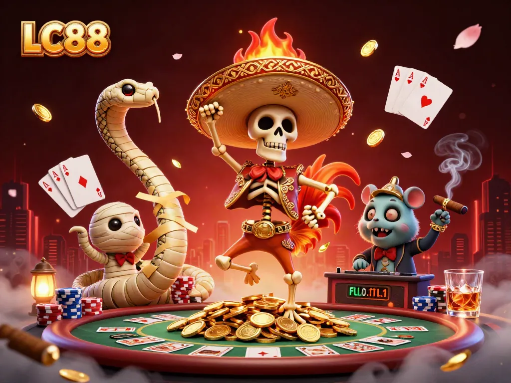 Engaging LC88 casino scene with a dancing skeleton rooster, a mummy snake, and a DJ hamster.