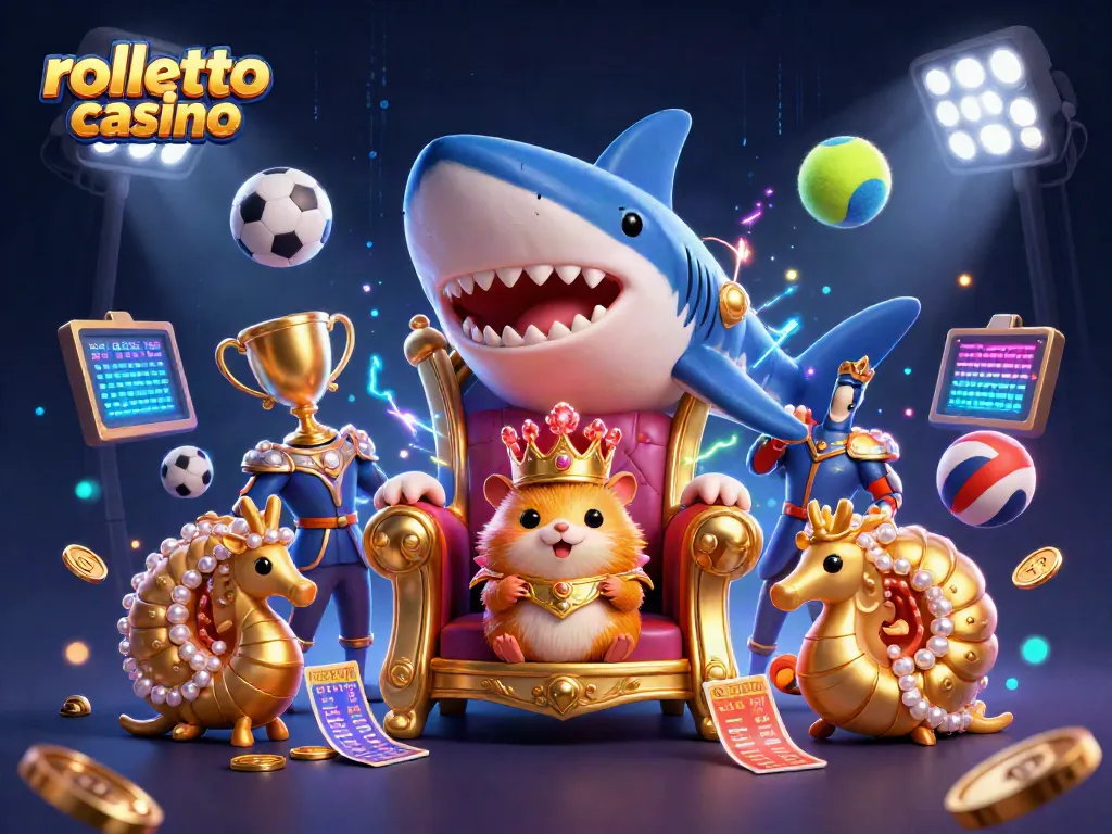 Win big at rolletto casino with a vibrant 3D illustration featuring a unique hamster king and dynamic sports elements.