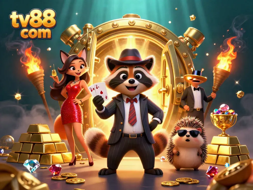 Experience thrilling wins at tv88 com with a suave raccoon and stunning fox amid riches and casino glamour.