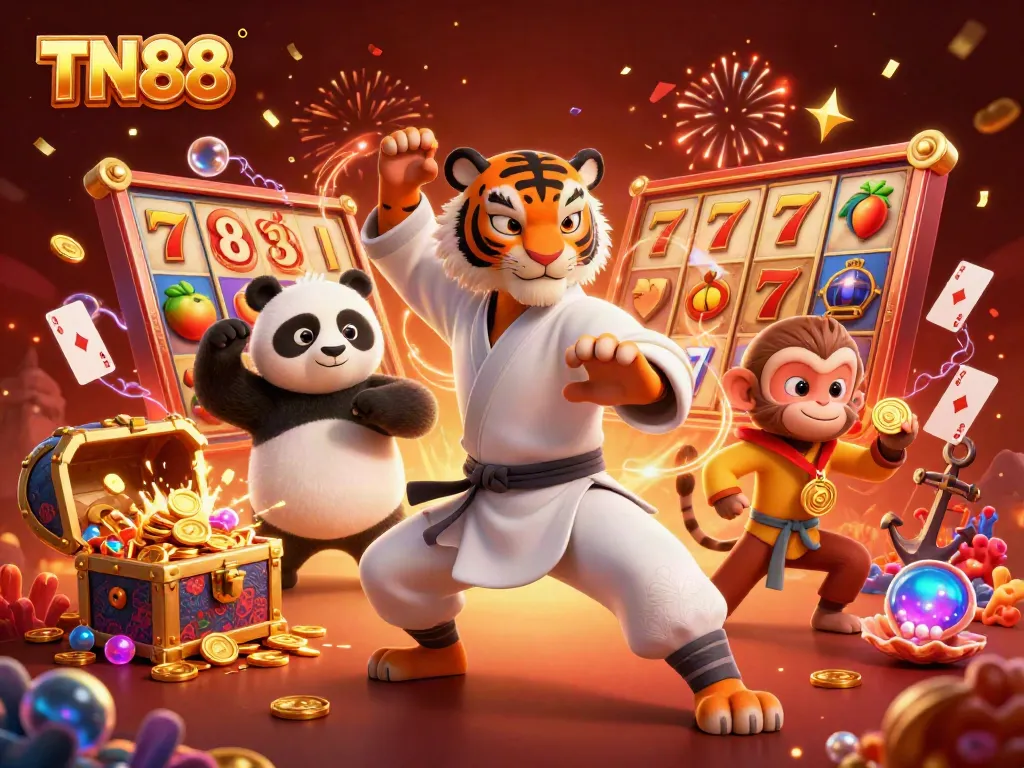 Experience thrilling wins at TN88 with animated casino characters, vibrant slot reels, and festive elements.