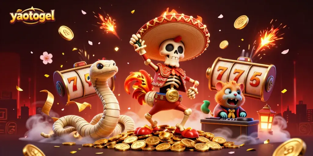 Engage with yaotogel's vibrant casino scene featuring characters and slot elements in a dynamic celebration.