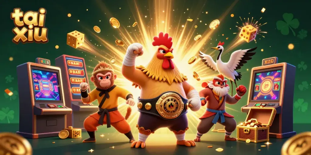 Experience thrilling tai xiu gameplay with a vibrant, dynamic casino scene featuring unique characters and elements.