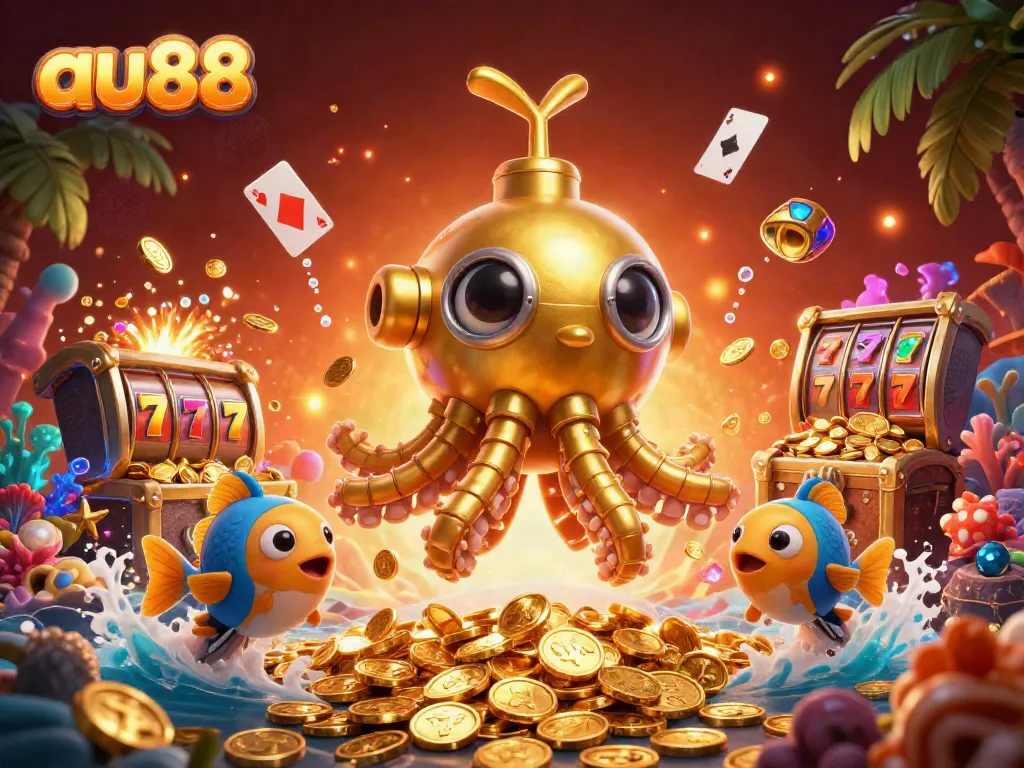 Immerse in the vibrant world of au88 with a playful kraken submarine surrounded by golden coins and slot game elements.