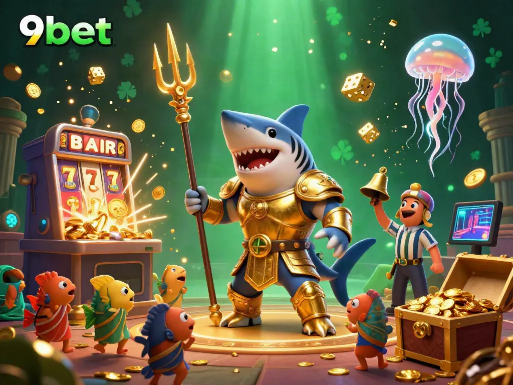 Play exciting games at 9bet with a dynamic scene of a tiger shark character and casino elements.