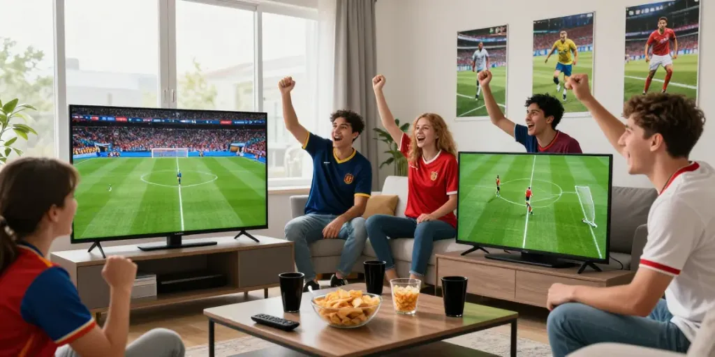 Friends enjoying a live football match at home with Gavangtv on screen.