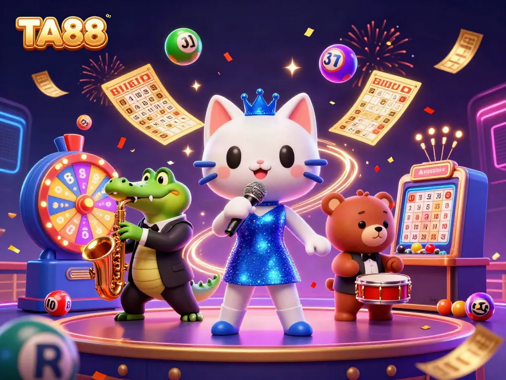 Experience the excitement of TA88 with vibrant characters, lottery elements, and dynamic casino energy.