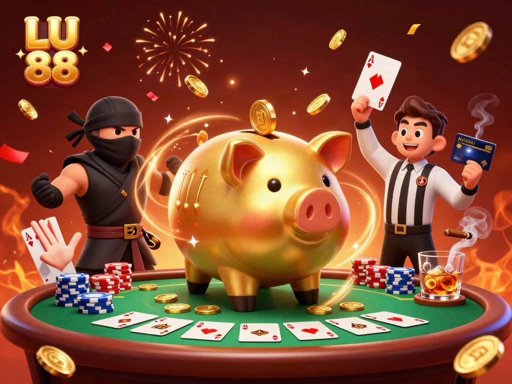Experience the exhilarating world of LU 88 with a dynamic scene of gaming action featuring a golden sumo wrestler and colleagues.