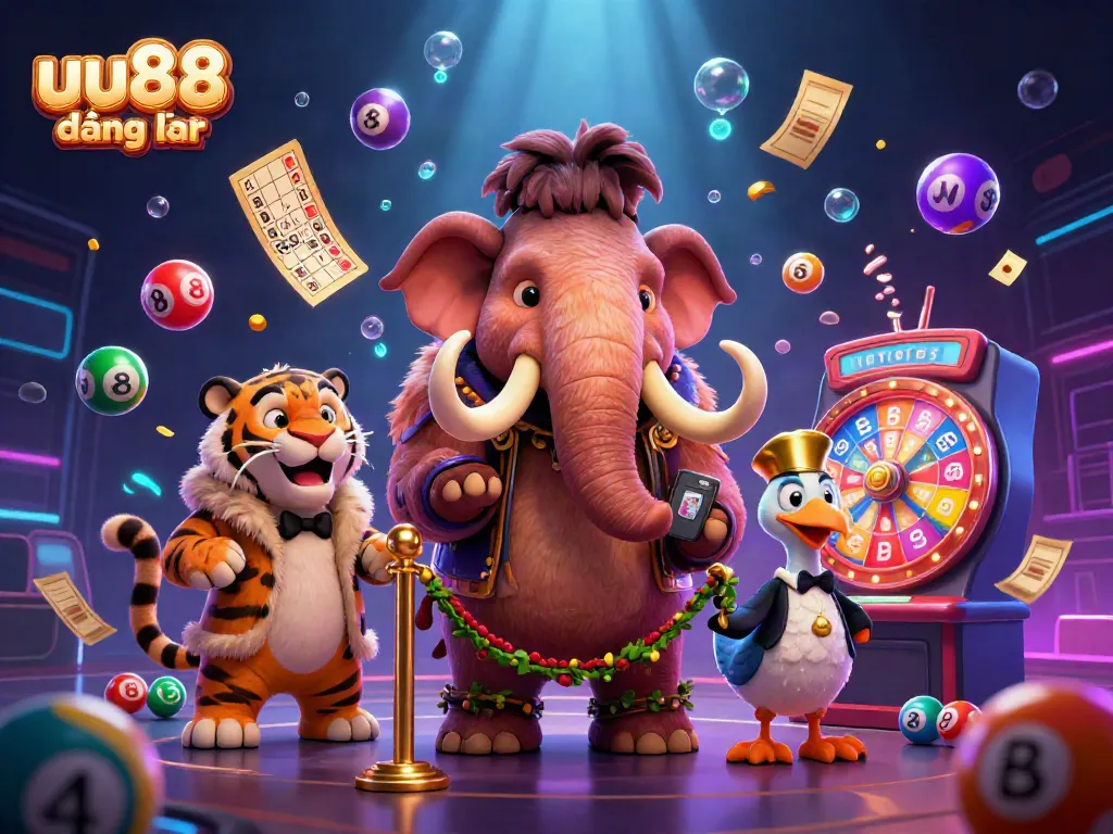 Experience uu88 đăng nhập with a vibrant scene featuring a mammoth bouncer, saber-tooth VIP, and a dodo doorman amidst dynamic gaming elements.