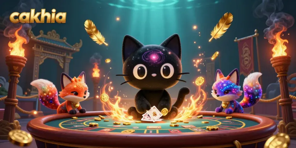 Engage with cakhia’s cosmic casino world, featuring a black hole cat and vibrant nebula fox.