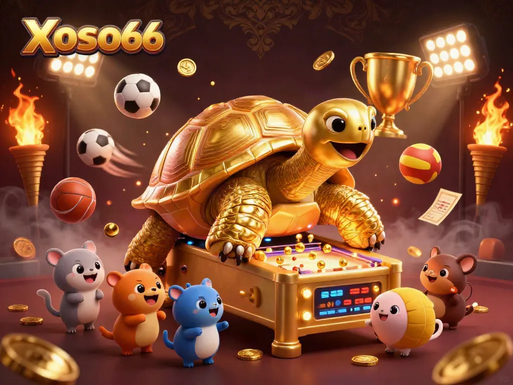 Xoso66 showcases an exciting scene of players engaging with a giant golden tortoise pinball machine, surrounded by vibrant sports elements.