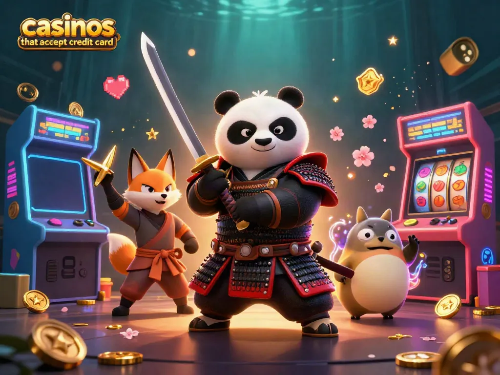 Exciting scene of characters exploring casinos that accept credit card, with vibrant gaming elements and rich detail.
