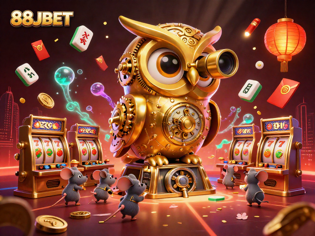 Experience thrilling gaming with 88JBET's vibrant casino scene featuring spinning slots and golden owls.