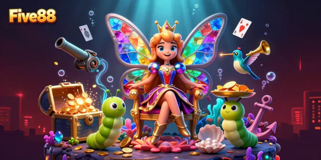 Experience the vibrant Five88 casino world with a butterfly queen, chips, and colorful game elements.
