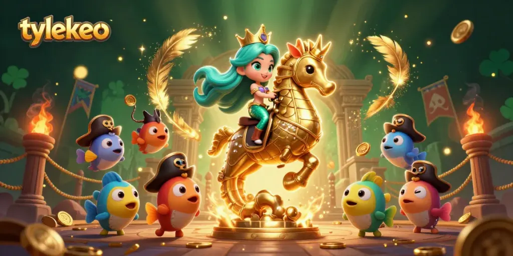 Engage in thrilling gambling action with tylekeo's vibrant mermaid scene surrounded by treasures.