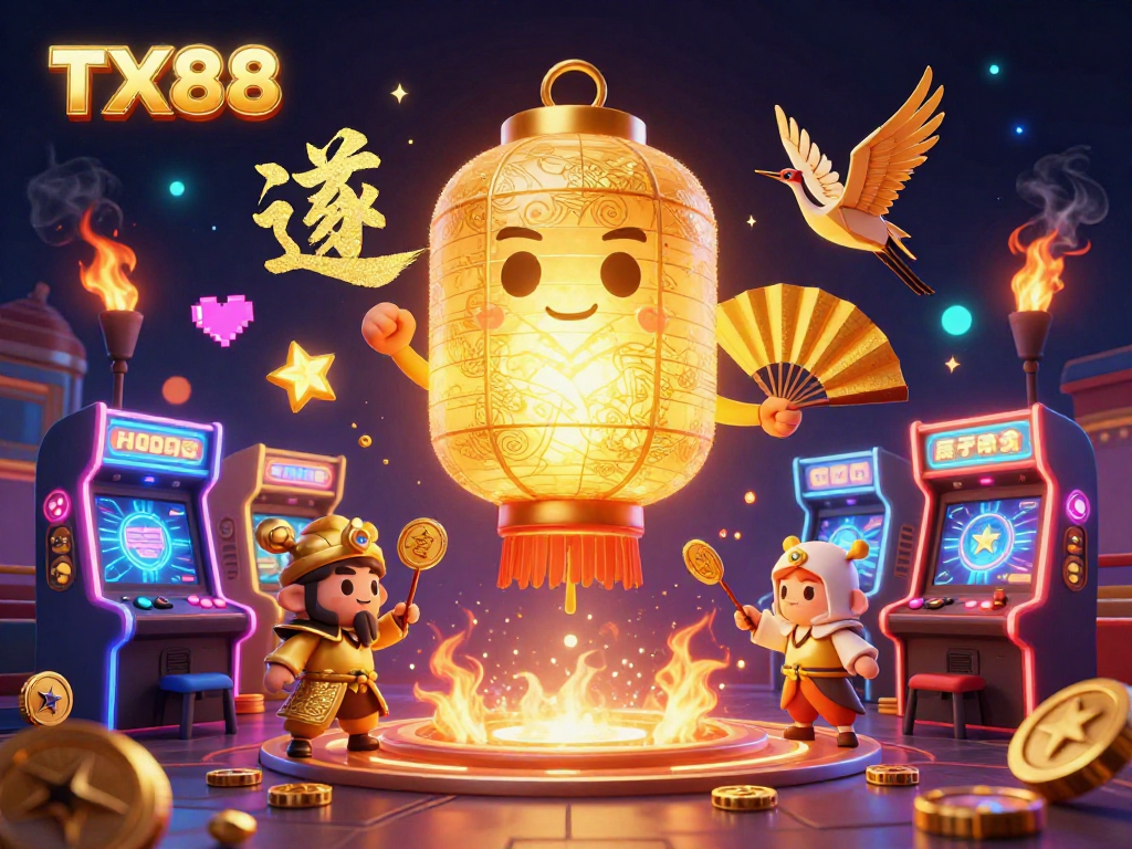 Engage in luck at TX88 with a giant golden lantern spirit soaring above a vibrant night market casino.