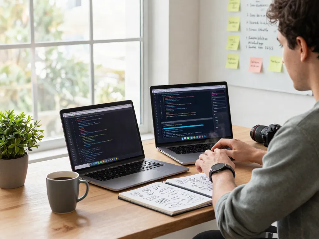 Developer analyzing instant indexing performance in a modern workspace with code and analytics displays.