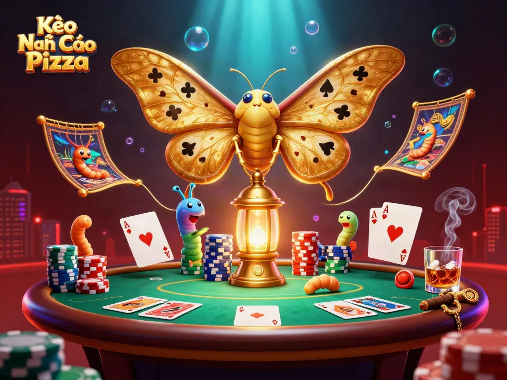 Engage with Kèo Nhà Cái Pizza in a vibrant 3D casino scene filled with card suits and chips.