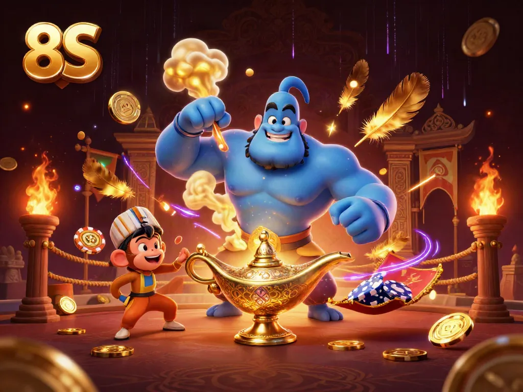 Engage in thrilling action at 8S casino with vibrant magic carpet, genie, and poker chips.